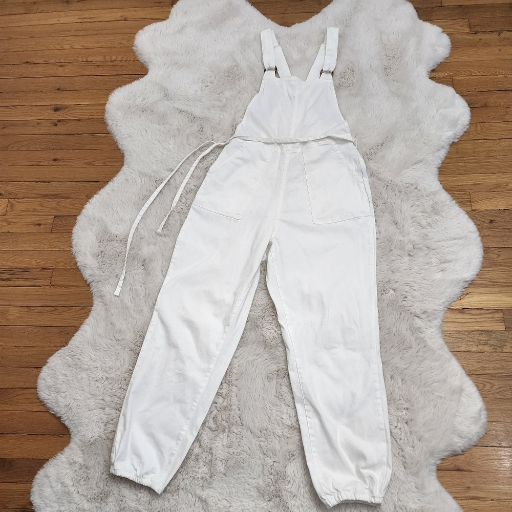 White High Waisted Strechy Denim Jeans Overall Pants